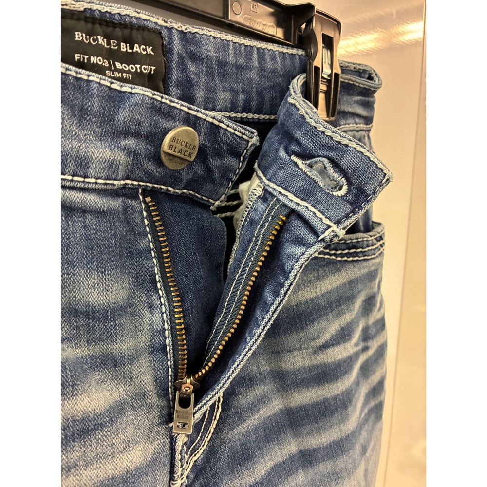 Buckle Black Fit No 3 Bootcut Slim Fit Mens Jeans Blue Whiskered 30x29 - Picture 8 of 10
